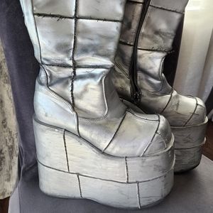 Demonia Stack silver High Pleaser Boots Unisex Ladies Sz 8.5/9